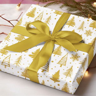 Papier Cadeau Sapins de Noël en Or Flocons de Neige Motif Blanc