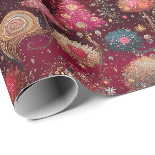 Papier Cadeau Sapins de Noël en rose et en or (Coin rond)