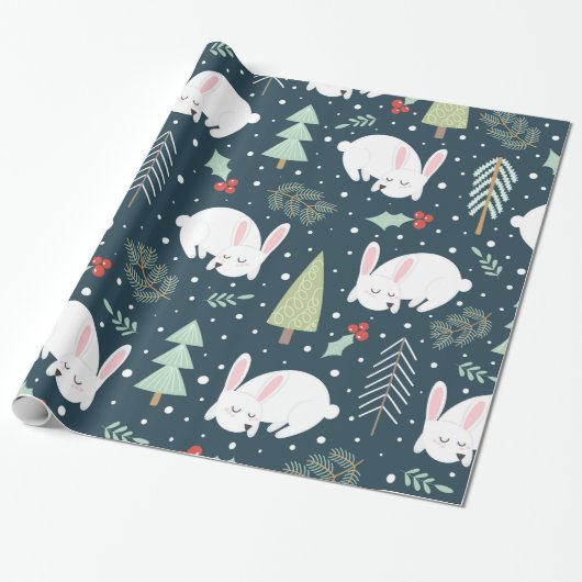 Papier Cadeau Sapins de Noël et lapins de vacances Lapin rustiqu (Déroulé)