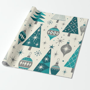 Papier Cadeau Sapins de Noël rétro sarcelle motif milieu du sièc