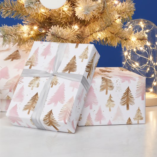 Papier Cadeau Sapins de Noël rose et or (Vacances)