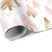 Papier Cadeau Sapins de Noël rose et or (Coin rond)