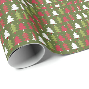 Papier Cadeau Sapins de Noël Rouges Blancs et Verts