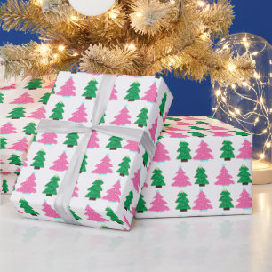 Papier Cadeau Sapins de Noël verts et roses