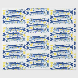 Papier Cadeau Sardines bleues et jaunes d'été méditerranéen