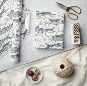 Papier Cadeau Sardines en mouvement en bleu marine et ivoire