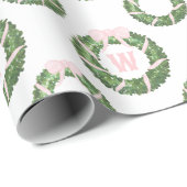 Papier Cadeau Sash rose Bow Noël Monogramme Wreath (Coin rond)
