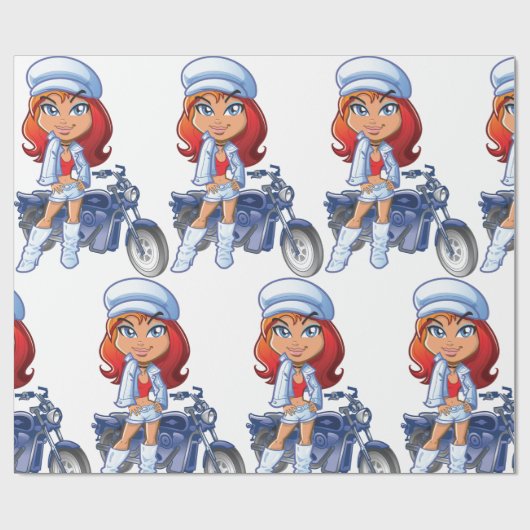 Papier Cadeau Sassy Biker Girl avec cheveux rouges et moto (Plat)