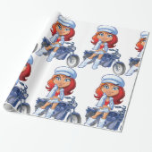 Papier Cadeau Sassy Biker Girl avec cheveux rouges et moto (Déroulé)