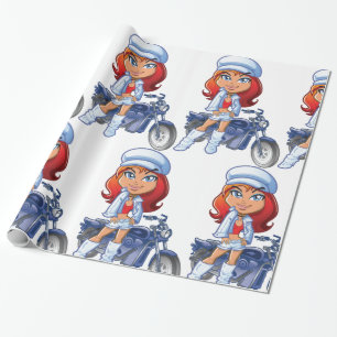 Papier Cadeau Sassy Biker Girl avec cheveux rouges et moto