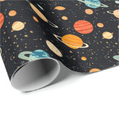 Papier Cadeau Saturne et étoiles en jeu Motif sur noir (Coin rond)