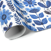 Papier Cadeau Scandi bleu motif floral (Coin rond)