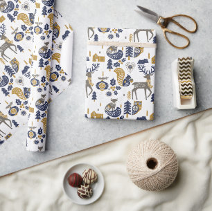 Papier Cadeau Scandi Noël mignon Bois Animaux Blanc