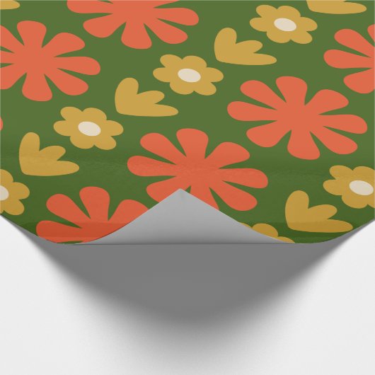 Papier Cadeau Scandi Retro Motif Floral Vert Orange Ocre (Coin)