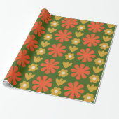 Papier Cadeau Scandi Retro Motif Floral Vert Orange Ocre (Déroulé)