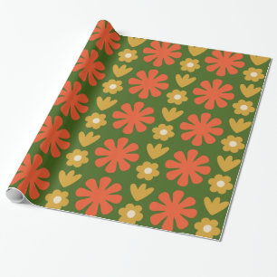 Papier Cadeau Scandi Retro Motif Floral Vert Orange Ocre