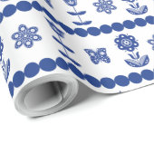 Papier Cadeau Scandinave bleu Fleurs et motif papillon (Coin rond)