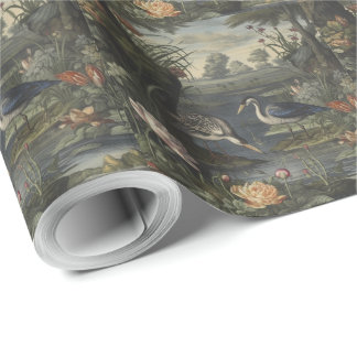 Papier Cadeau Scène botanique de grue bleue près d'une rivière