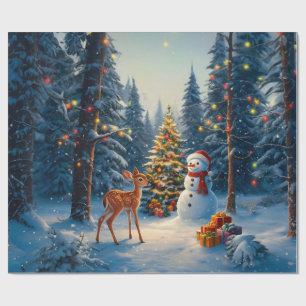 Papier Cadeau Scene d'arbre de Noël Cute Deer Fawn Snowman