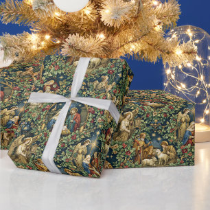 Papier Cadeau Scène de la Nativité florale vintage sur fond bleu