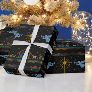 Papier Cadeau Scène de la Nativité tricotée Joyeux Noël chrétien