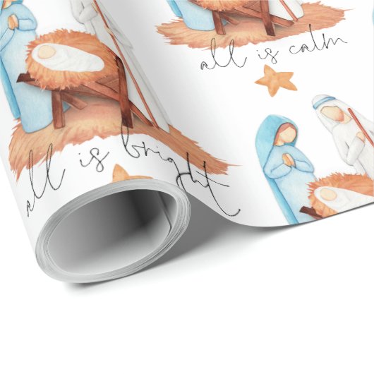 Papier Cadeau Scène De Nativité Tout Est Calme Script Noël (Coin rond)