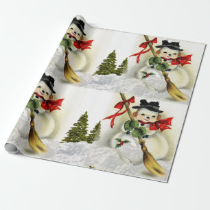Papier Cadeau Scène de neige avec bonhomme de neige vintage 