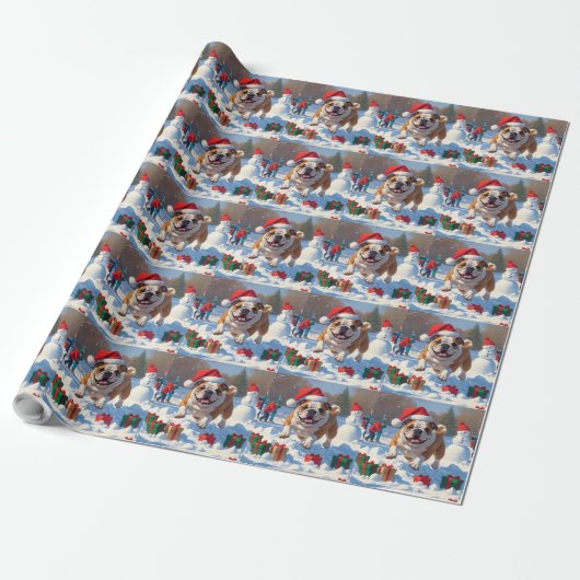 Papier Cadeau Scène de neige festive de Noël Bulldog (Déroulé)