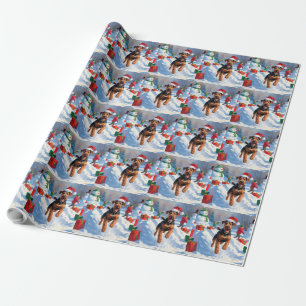 Papier Cadeau Scène de neige festive de Noël d'Airedale