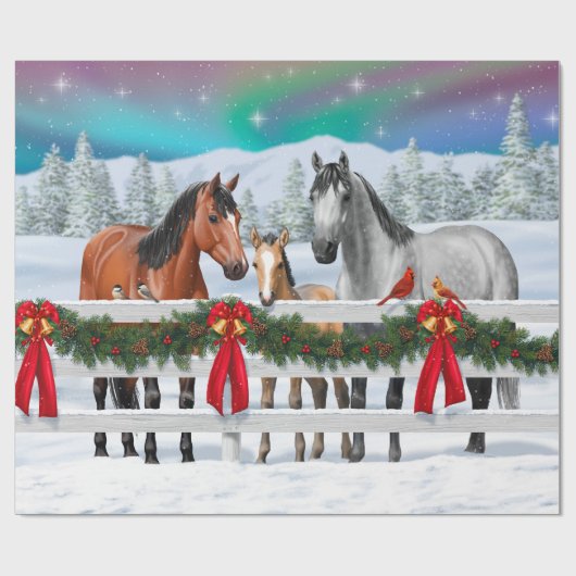 Papier Cadeau Scène de Noël Baie Buckskin Dapple Chevaux gris (Plat)