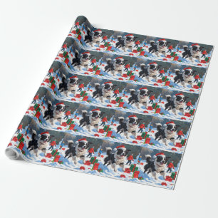 Papier Cadeau Scène de Noël festive avec Border Collie dans la n