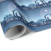 Papier Cadeau Scène de Noël religieuse bleu (Coin rond)