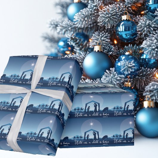 Papier Cadeau Scène de Noël religieuse bleu