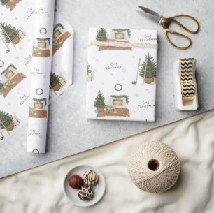 Papier Cadeau Scène de Noël Rustique Aquarelle cadeau de vacance