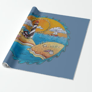 Papier Cadeau Scène de plage de phare fantaisiste, art folkloriq