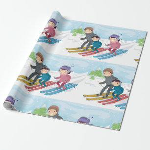 Papier Cadeau Scène de ski en famille en hiver enneigé