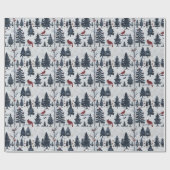 Papier Cadeau Scène D'Hiver Avec Arbres, Oiseaux Rouges Et Neige (Plat)