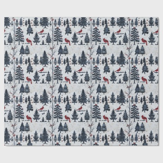 Papier Cadeau Scène D'Hiver Avec Arbres, Oiseaux Rouges Et Neige (Plat)