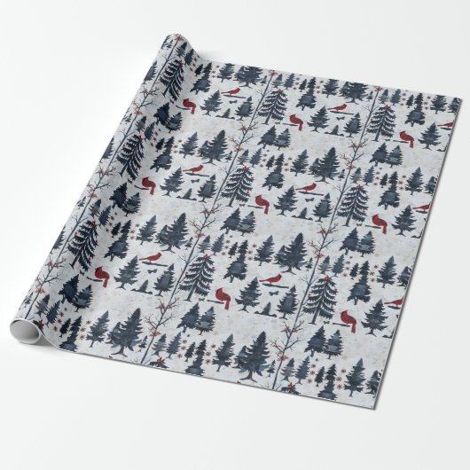 Papier Cadeau Scène D'Hiver Avec Arbres, Oiseaux Rouges Et Neige (Déroulé)
