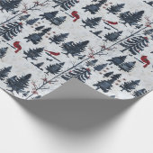 Papier Cadeau Scène D'Hiver Avec Arbres, Oiseaux Rouges Et Neige (Coin)