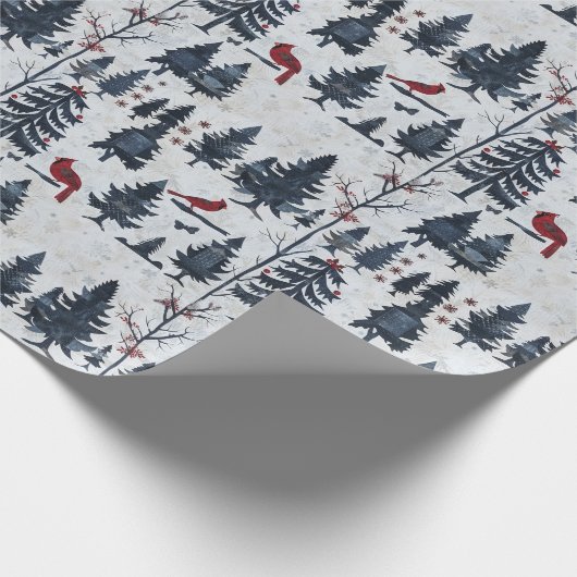 Papier Cadeau Scène D'Hiver Avec Arbres, Oiseaux Rouges Et Neige (Coin)