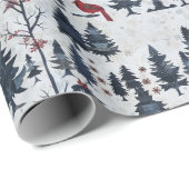 Papier Cadeau Scène D'Hiver Avec Arbres, Oiseaux Rouges Et Neige (Coin rond)