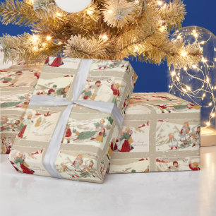 Papier Cadeau Scènes hivernales vintages avec des enfants joyeux
