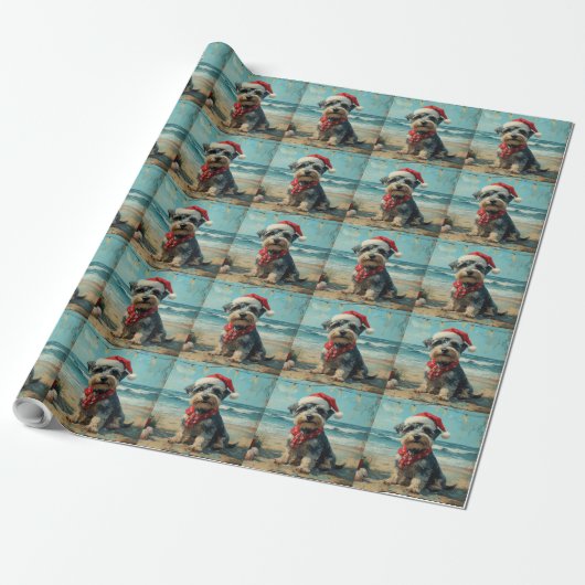 Papier Cadeau Schnauzer Chien Noël Plage Vintage (Déroulé)