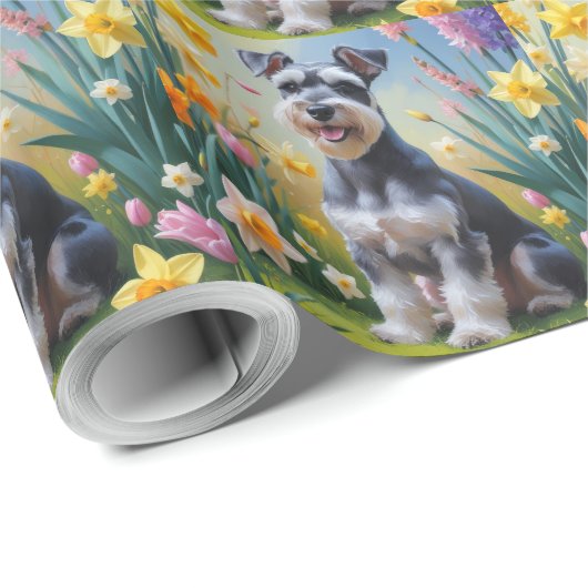 Papier Cadeau Schnauzer Dog Fleurs de printemps Peinture (Coin rond)