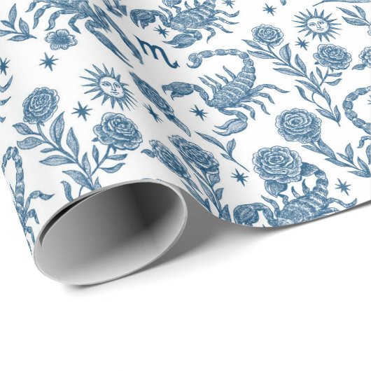 Papier Cadeau Scorpio Zodiac Intricate Celestial Blue Floral (Coin rond)