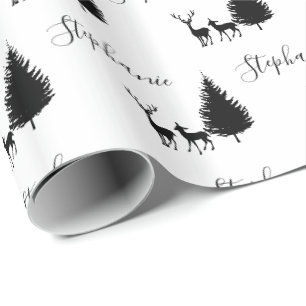 Papier Cadeau Script blanc moderne "Joyeux Noël" et cerfs