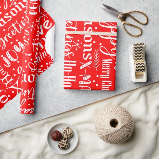 Papier Cadeau Script de Noël moderne et amusant rouge et blanc (Artisanat)