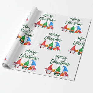 Papier Cadeau Script de pinceau vert Aquarelle de Noël Gnomes