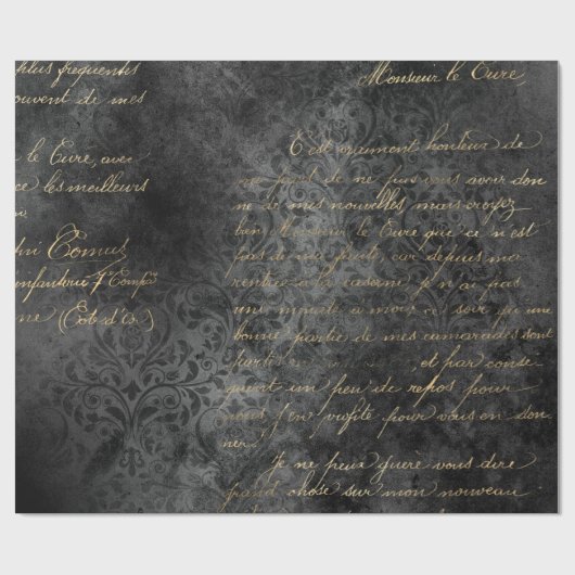 Papier Cadeau Script français en or sur gris déprimé (Plat)
